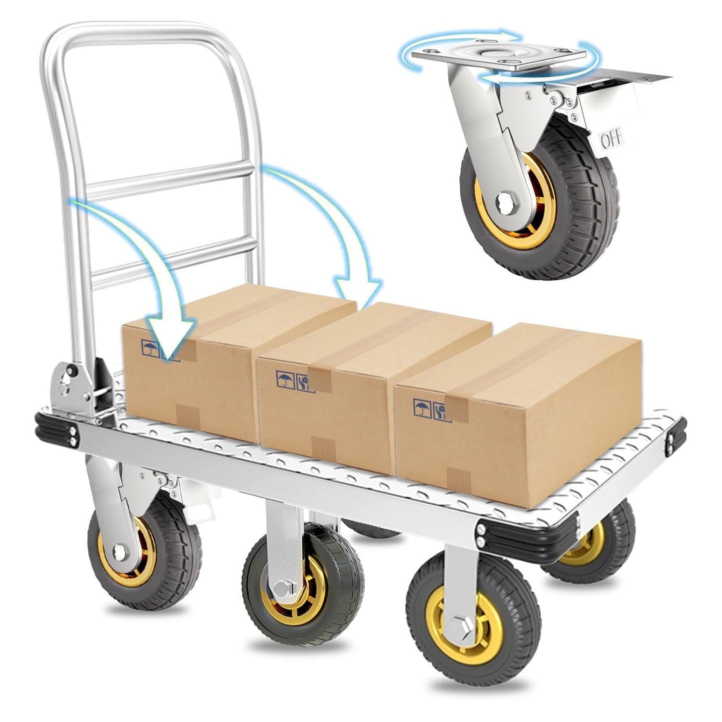 YAOYAO LAND Foldable Platform Truck Push Dolly Heavy Duty 2000 lb. Weight Capacity with Brake and 6" 360 Degree Swivel Wheels