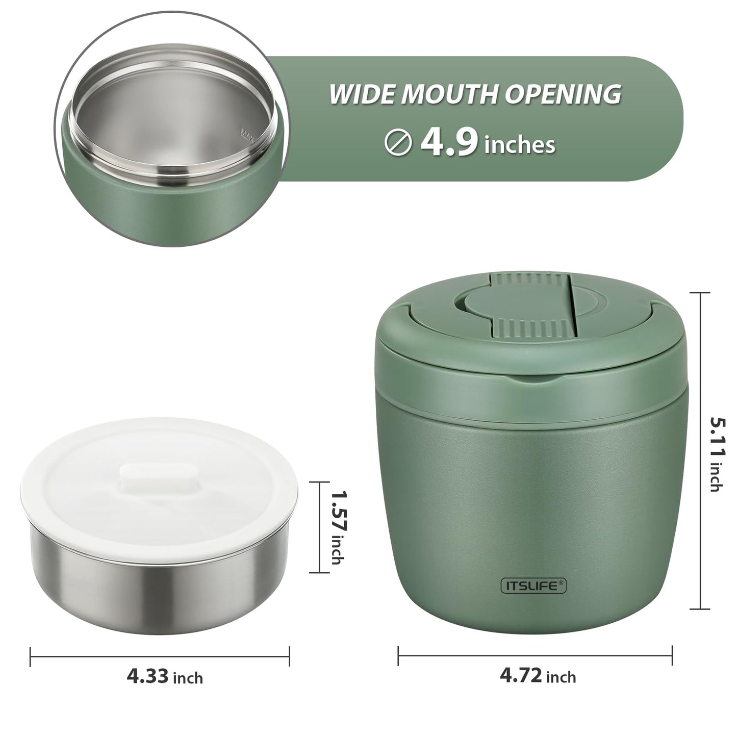 Itslife 32oz Insulated Soup Thermo, Vacuum Stainless Steel Food Jar for Hot & Cold Food, Leakproof Wide Mouth Lunch Container with Spoon, Green