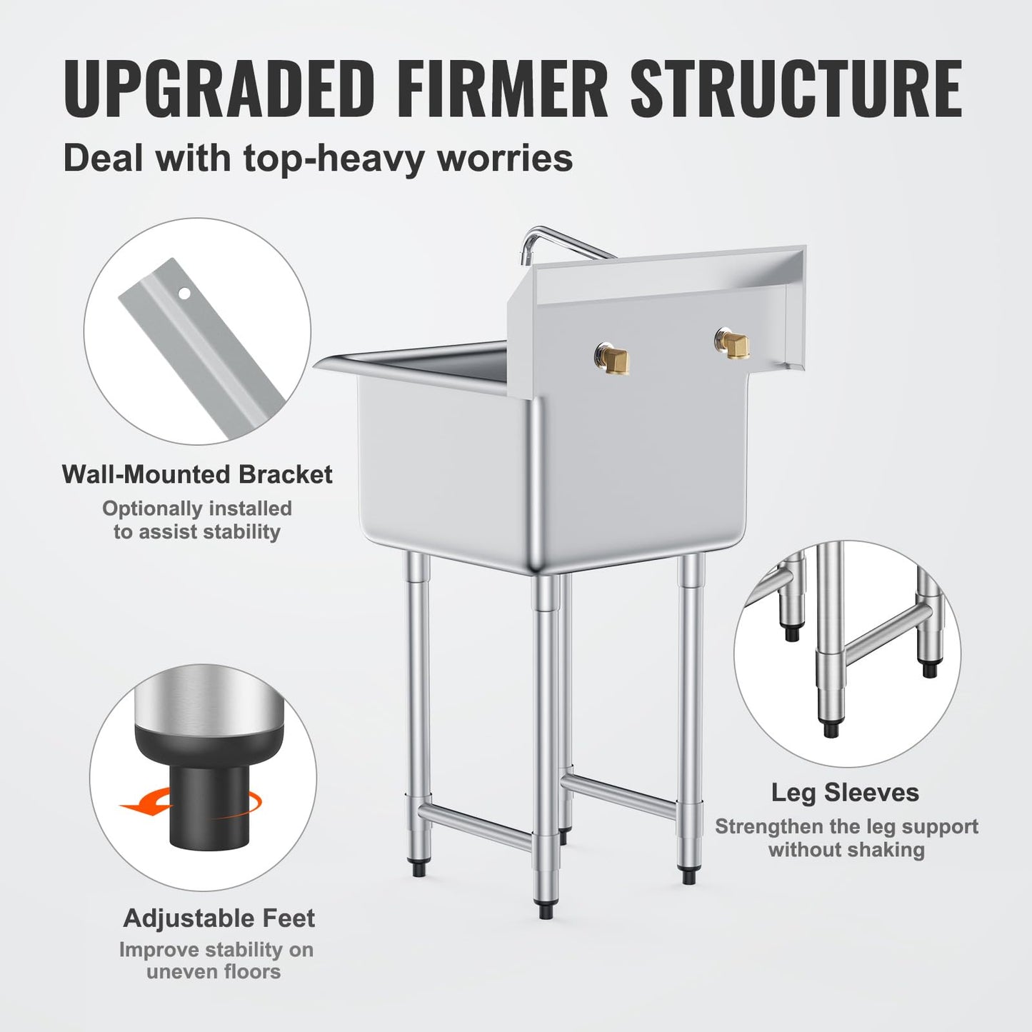 VEVOR Stainless Steel Prep & Utility Sink, 1 Compartment Free Standing Small Sink Include Faucet & legs, 21"x18" Commercial Single Bowl Sinks for Garage, Restaurant, Kitchen, Laundry