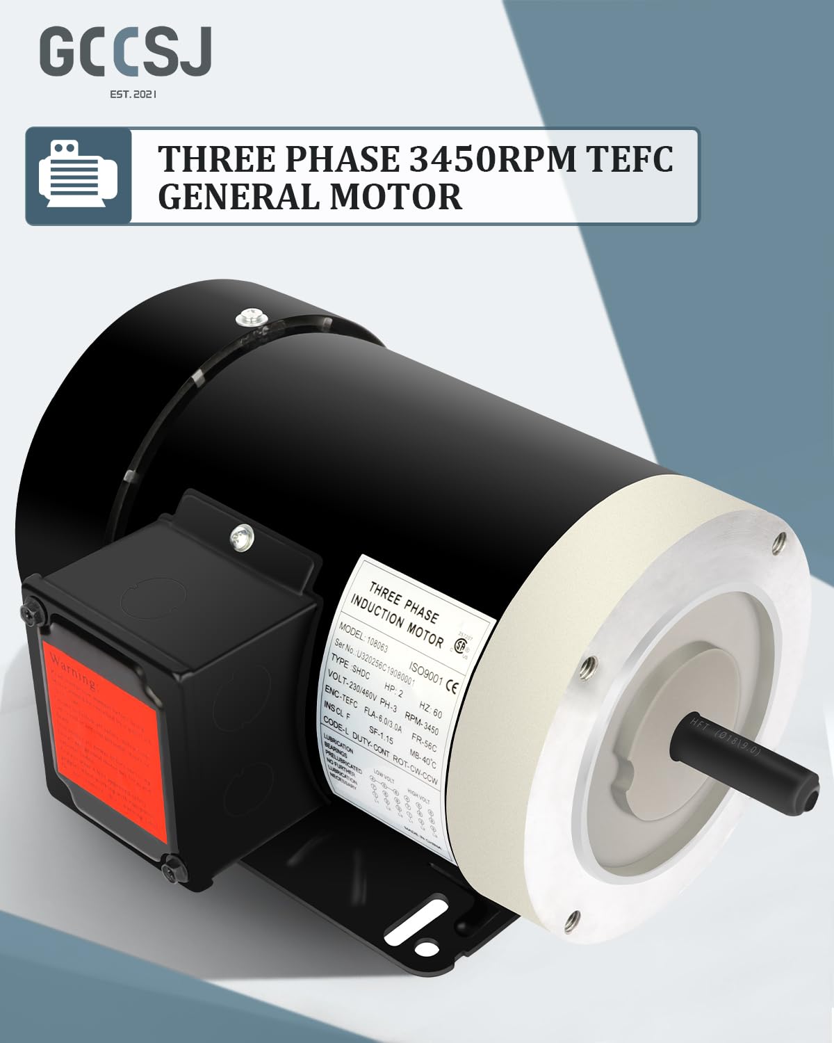 2HP Electric Motor, Air Compressor Motor, General Motor 3450 RPM, Three Phase Motor 56C Frame, 5/8"Shaft Diameter CW/CCW Rolled Steel Shell, 230V/460V TEFC