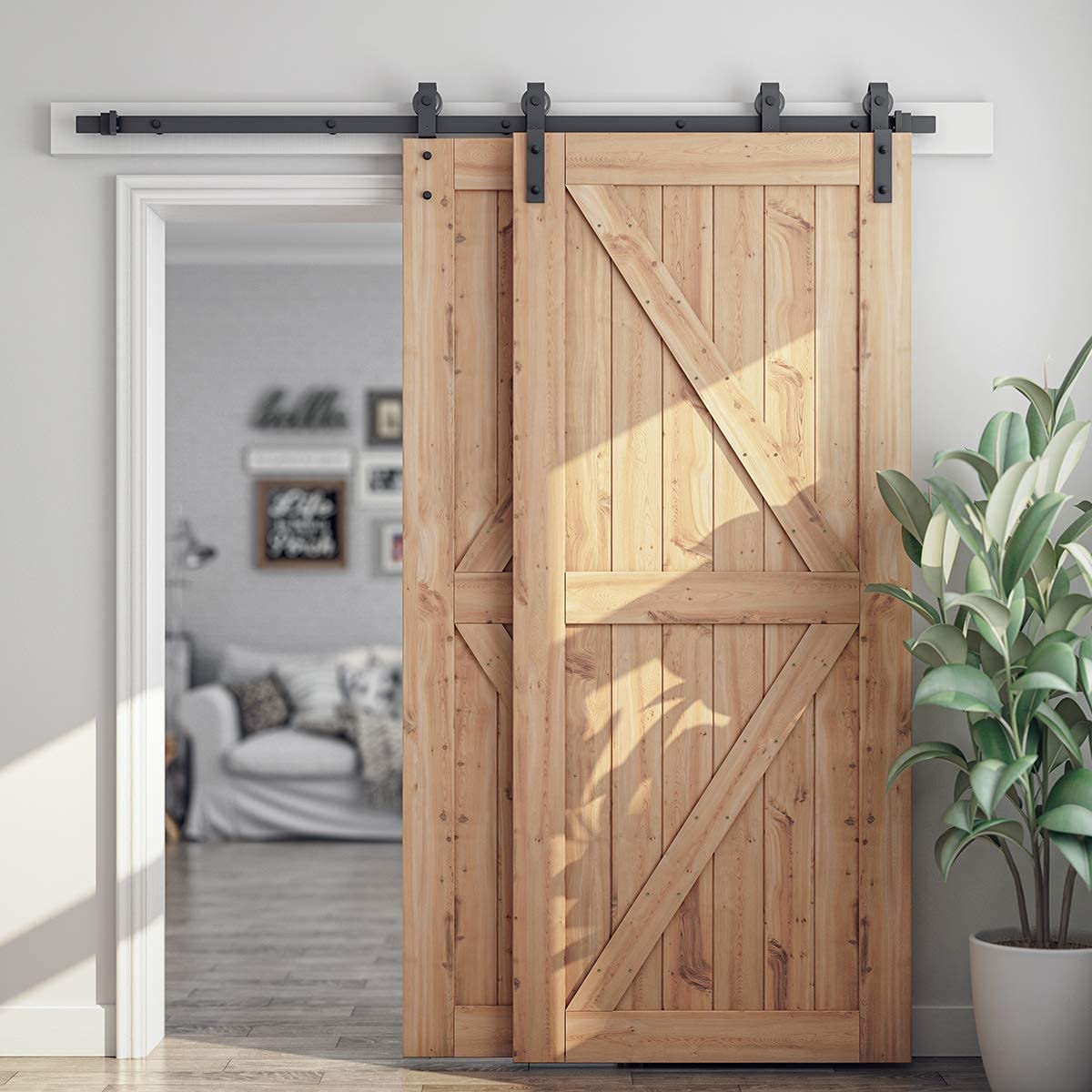 SMARTSTANDARD 6.6 Feet Bypass Sliding Barn Door Hardware Kit - for Double Wooden Doors-Single Track - Smoothly & Quietly - Easy to Install-Fit 67" Opening