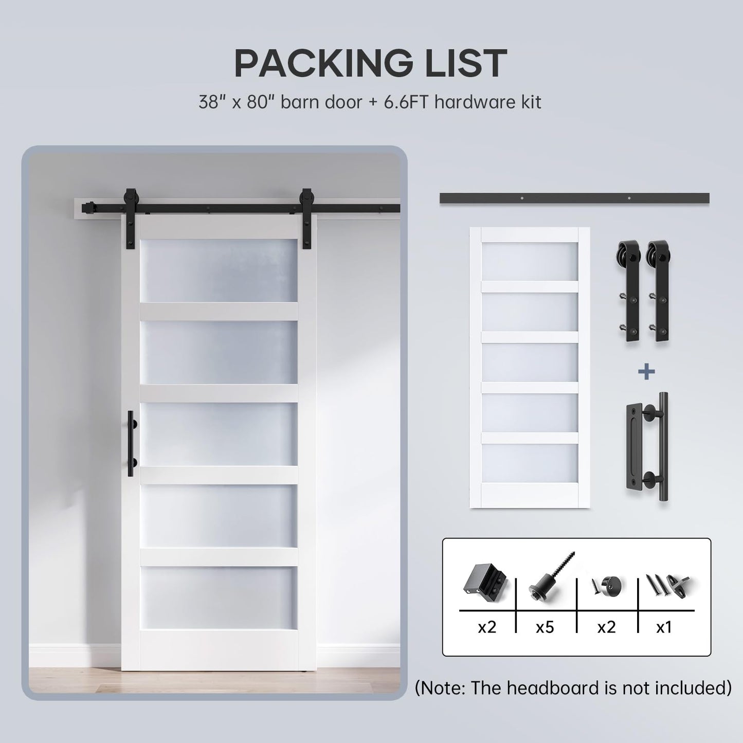 ROYMELO 38x80 Inch Glass Sliding Barn Door Slab and 6.6ft Hardware Kit Included, 5 Frosted Glass, LVL Wood Panel Covered with White Water-Proof Scratch-Proof PVC Surface, Simple DIY Assembly