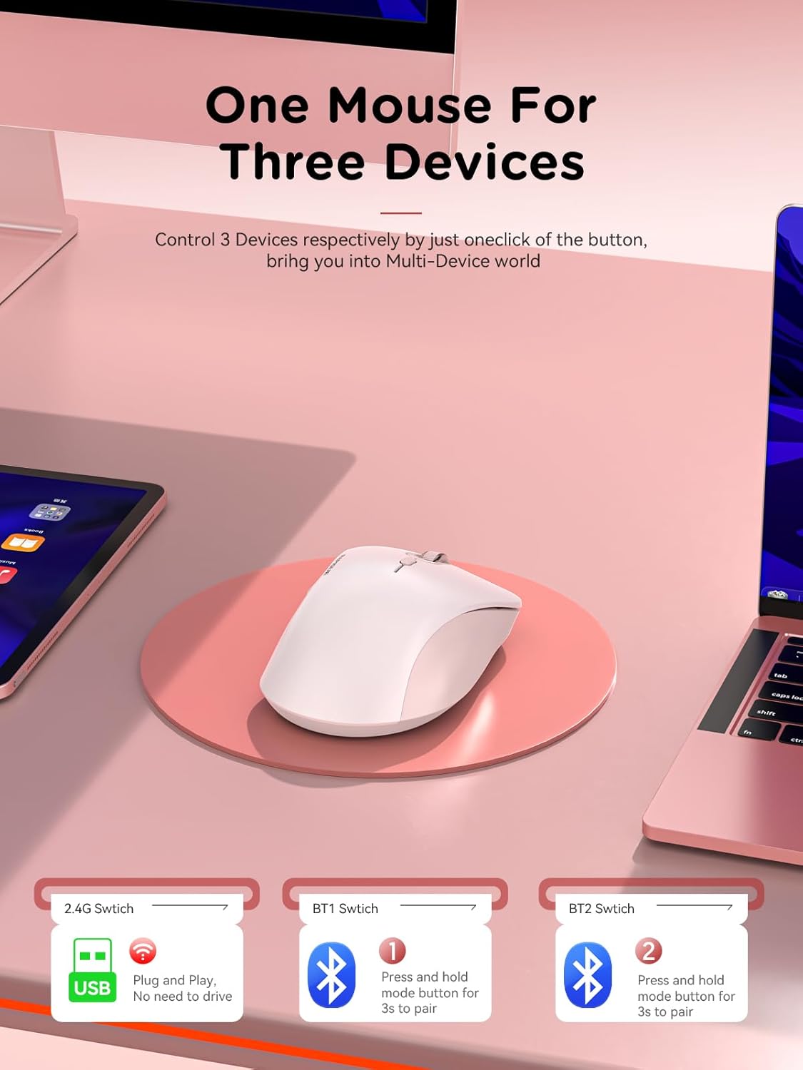 RAPIQUE 2.4 Bluetooth Wireless Mouse - Dual Bluetooth & GHz USB Receiver, Ergonomic Design, Quiet Clicks, Low Power