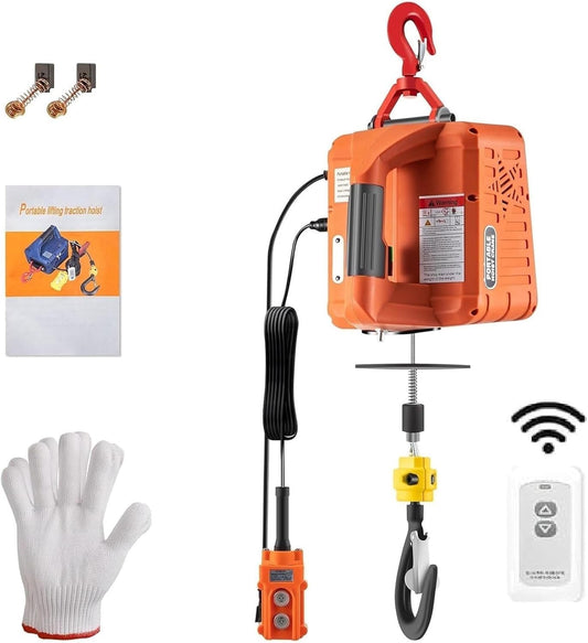 1100 lbs Electric Hoist Winch with Manual/Wired/Wireless Remote Control, 1500W Portable Pure Copp Electric Winch Crane 25 ft Lifting Height 16 ft/min Overload Protection for Towing Lifting