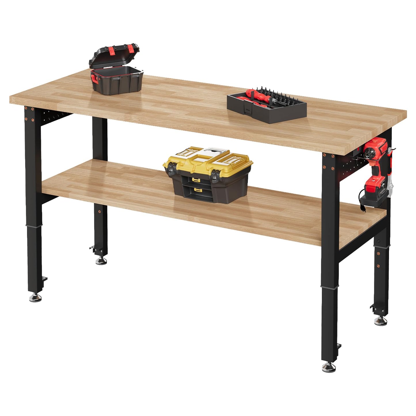 SPECRAFT 48"x20" 2-Tier Adjustable Workbench with 4 AC Outlet and 2 USB Ports Power Outlets, 2500 Lbs Capacity Heavy Duty Workbench, Rubber Wood Top for Garage, Workshop, Office
