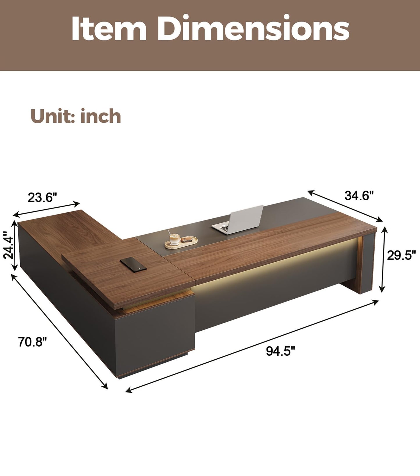 95" Reversible L-Shaped Executive Desk with Drawers – Luxury Office Computer Desk with Open Shelves, LED Lighting, Built-in Outlet & USB Ports for Home Office, Corporate, School (95"W x 71"D x 30"H)