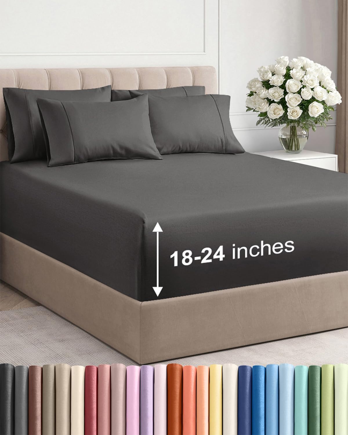 Skiennix Extra Deep Full Sheet Set | 6-Piece Breathable Cooling Bedding - Soft, Wrinkle-Free Charcoal
