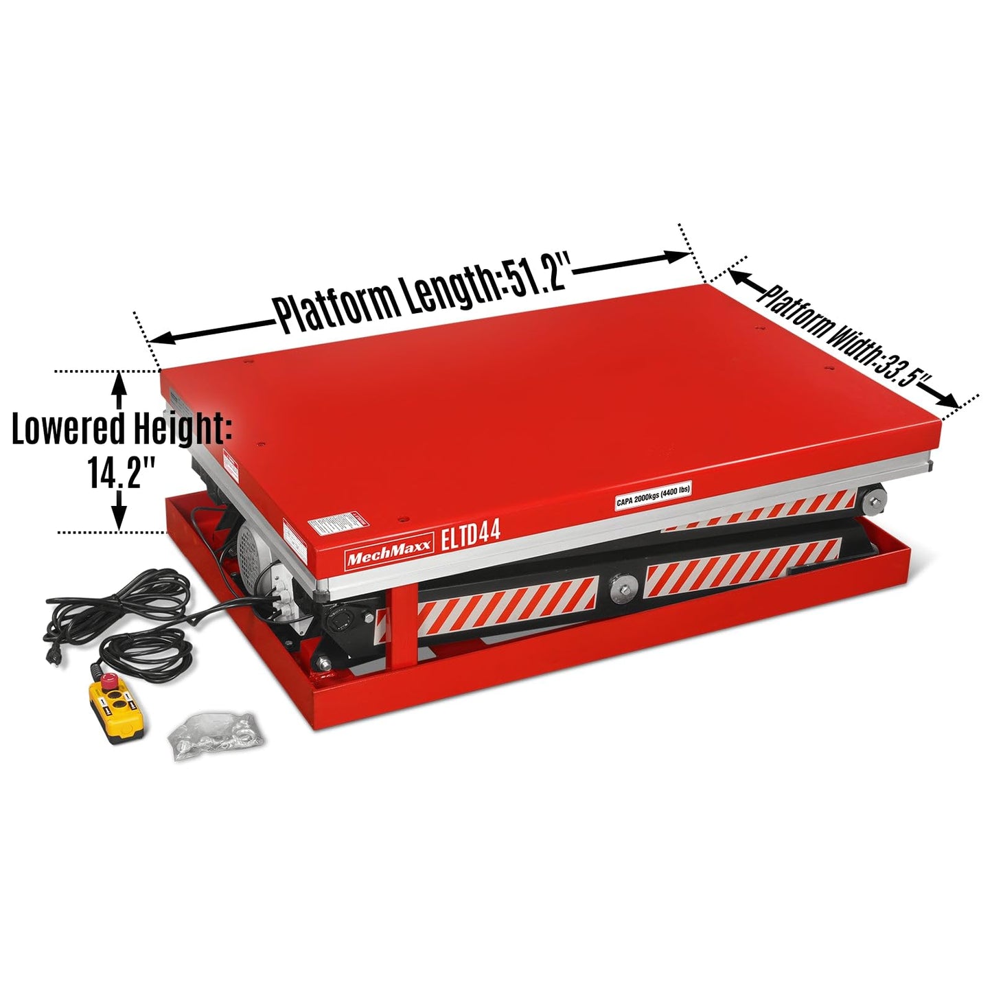 Mechmaxx 4400lbs Capacity Stationary Electric Hydraulic Double Scissor Lift Table, 51.2” x 33.5” Platform, 70.1” Lift Height, UL Certified Motor,Model ELTD44