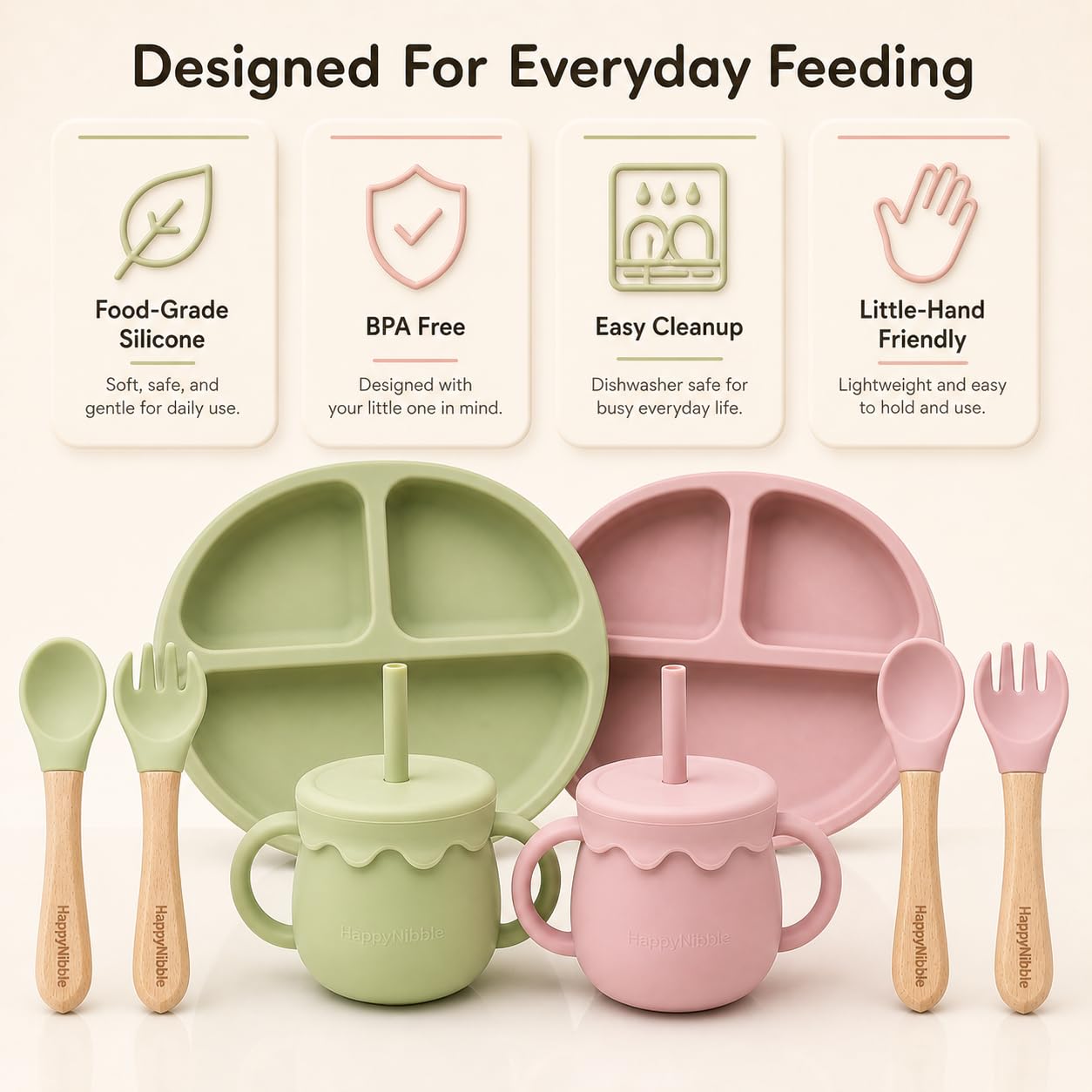 HappyNibble Baby Led Weaning Silicone Feeding Set, 2 Pack - Divided Suction Plates with Lids, 2-in-1 Sippy Cups, Spoons & Forks for Babies 6-36 Months, First Foods Shower Gift, BPA Free