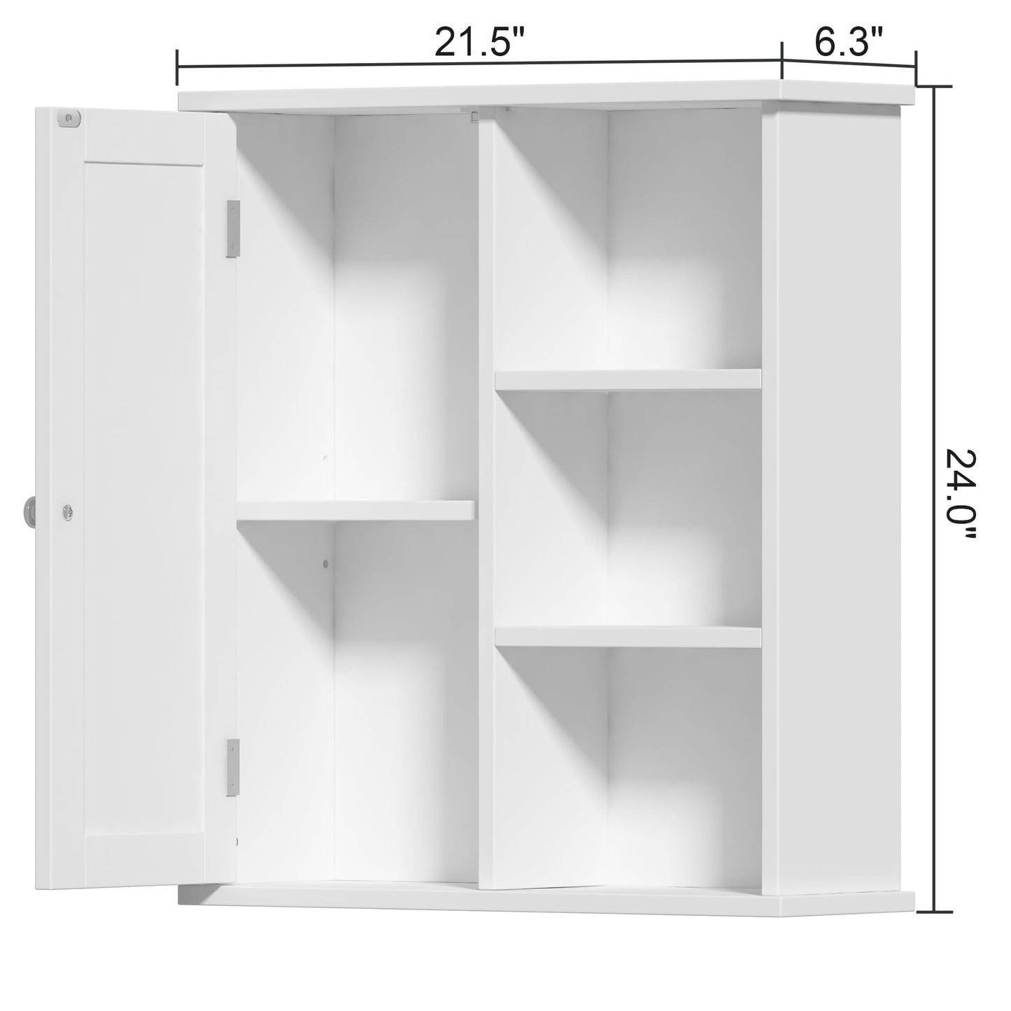 Treocho Bathroom Wall Cabinet, Medicine Cabinet with Door and 3 Open Shelves, Wall Mounted Storage Organizer for Bathroom, Kitchen, Living Room, White