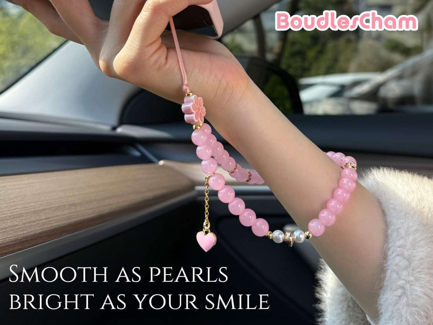 BoudlesCham Phone Charm Cute Pink Pearl Beaded Phone Wrist Strap for Women, Phone Charms Strap for iPhone Charm Strap