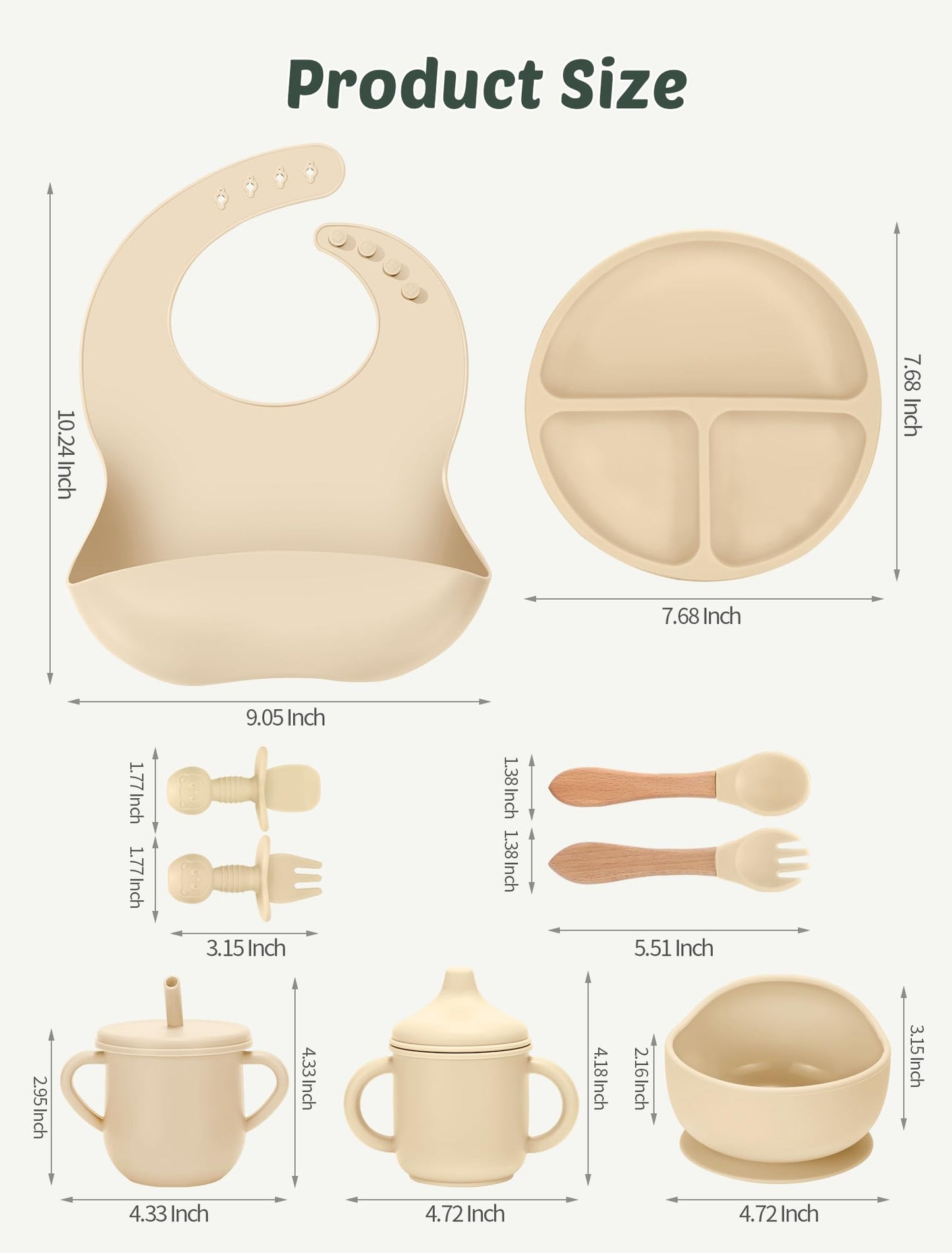 JELLDJK Silicone Baby Feeding Set 9 Pcs, Spill-Proof Suction Plate, Bowl, Bib, Silicone spoon&forks, Wooden Spoons&forks, Training cup with straw and Sippy Cup, Baby Eating Utensils (Beige)