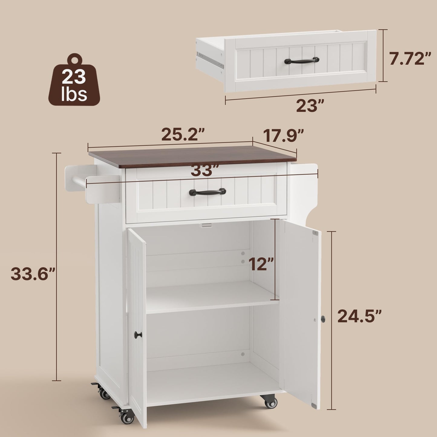 Gizoon Kitchen Island Cart with Adjustable Shelf, 33" W White Mobile Trolley Cart on Metal Wheels with Drawer & Storage Cabinet, Spice Rack & Towel Rack, for Dining Room, Bar, Retro Wooden Countertop