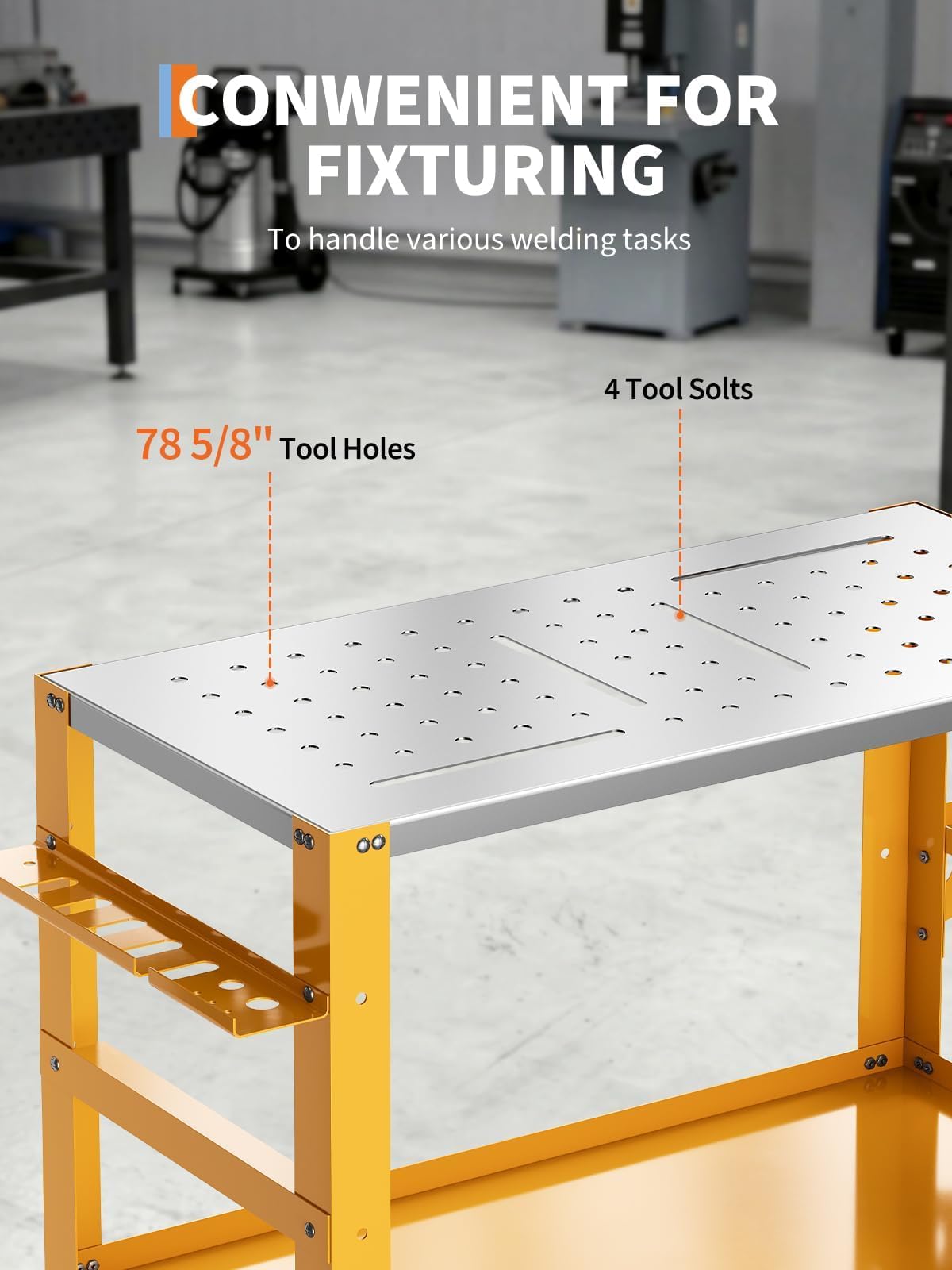36 x 18 Inch Welding Table, 1200 lbs Capacity Welding Workbench Table with Lockable Wheels,Tool Rack & Tray, Tool Slots and 5/8" Fixture Holes for Garage, Yellow