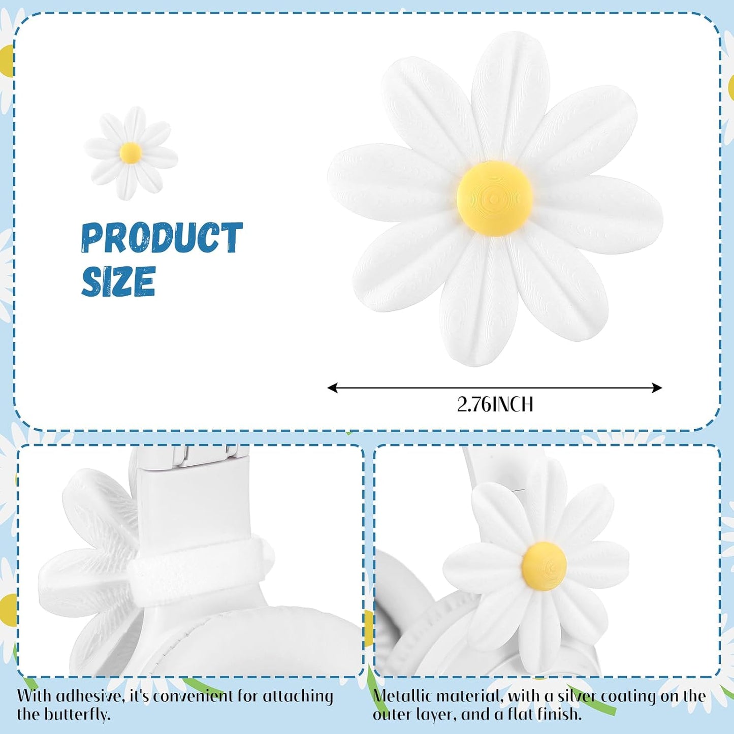 Fiwochic 2 Pack 3D Headset Headphone Accessories Decoration Daisy Flower Decor Cute Printed White Daisy Cute Attachment