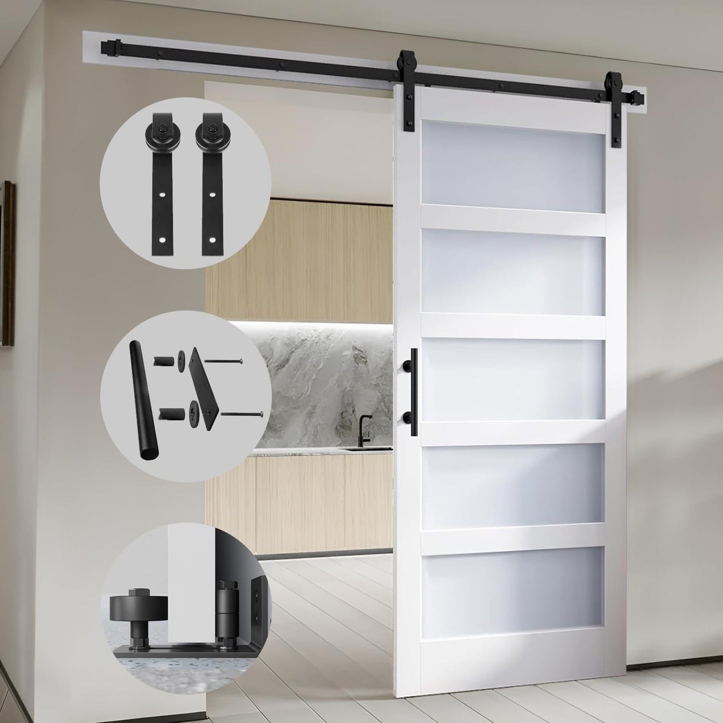 S&Z TOPHAND® 60in x 96in Glass Sliding MDF Barn Door with 10FT Sliding Door Hardware Kit, 5 Tempered Frosted Glass, Slab Inside Covered with Water-Proof PVC Surface, Simple DIY Assembly