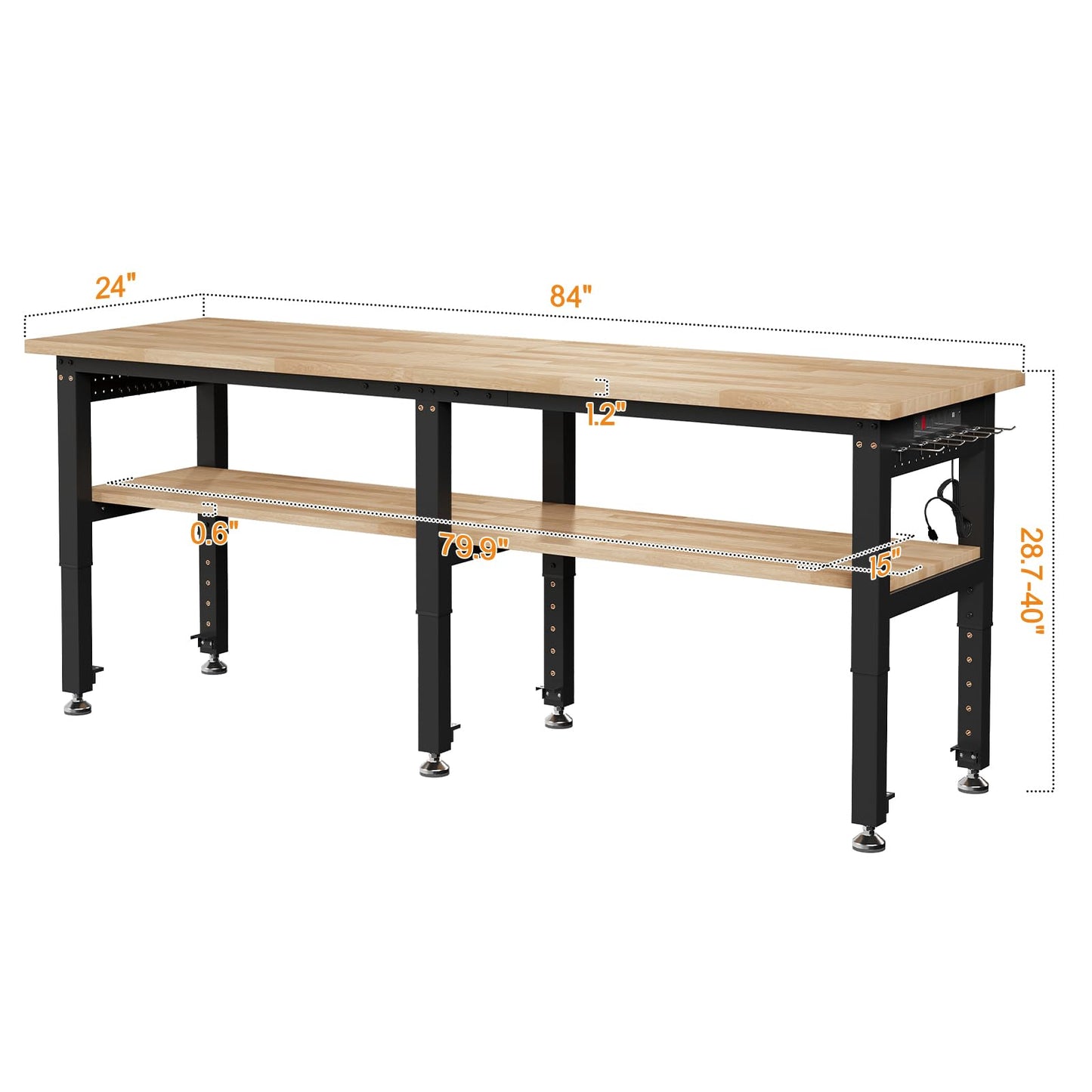 SPECRAFT 84"x24" 2-Tier Adjustable Workbench with 4 AC Outlet and 2 USB Ports Power Outlets, 6000 Lbs Capacity Heavy Duty Workbench, Rubber Wood Top for Garage, Workshop, Office