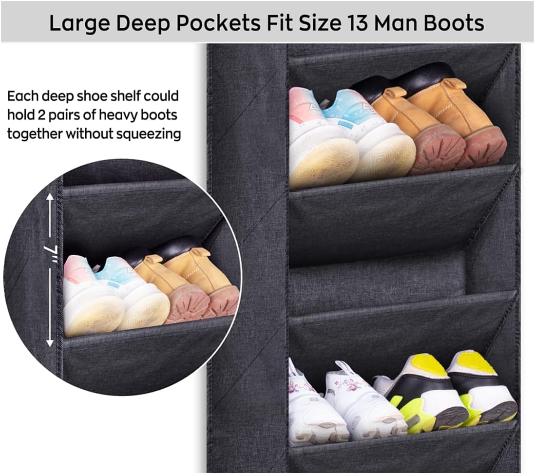 Sleeping Lamb Over The Door Shoe Organizer - Large Deep Pockets for Boots Storage | Black