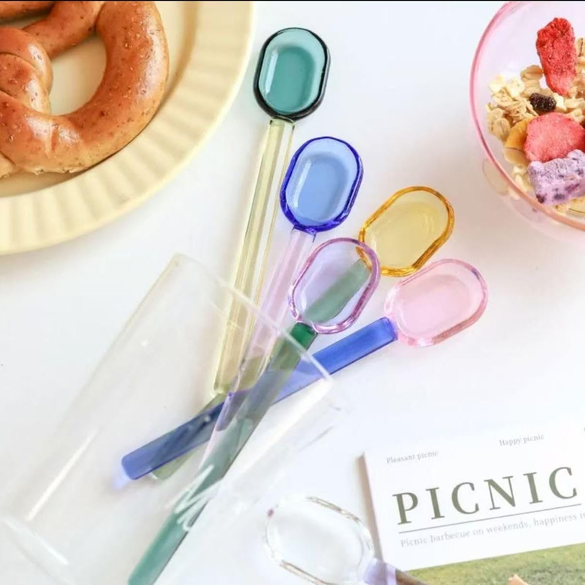 Glass Spoons 5/6 Pieces - 6.1 inch Crystal Coffee Teaspoons, Heat Resistant Long Handle Glass Drink Stirrers, Colored Translucent Spoons for Tea, Sugar, Yogurt, Dessert, Soup, Home Bar Party (6)