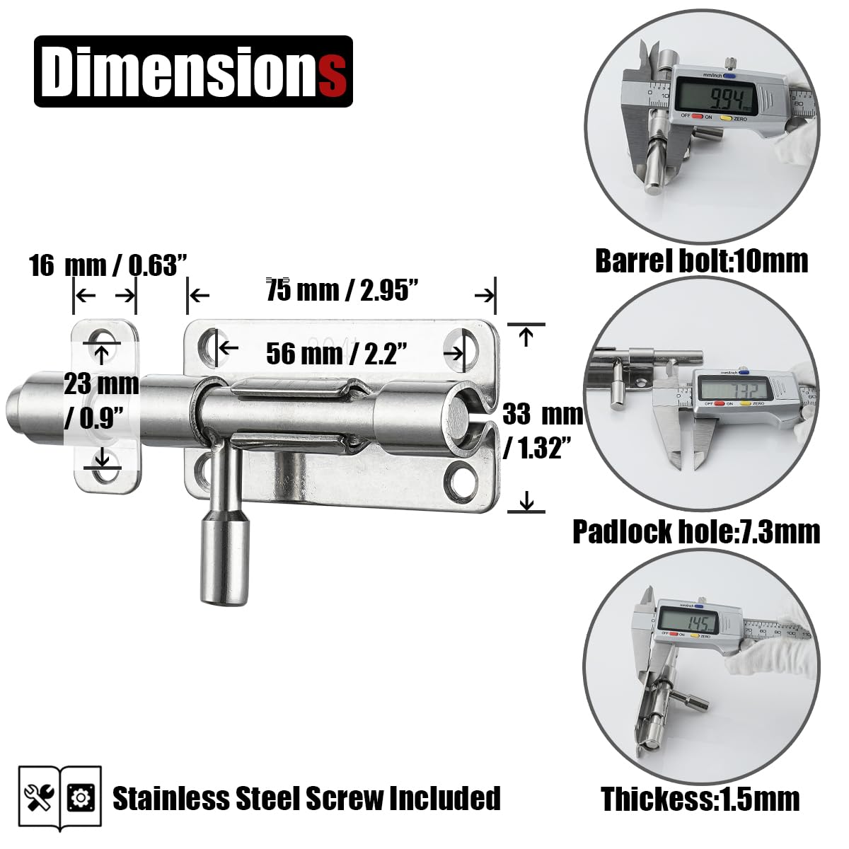 JQK Door Latch Lock Barrel Bolt 4 Inch, 304 Stainless Steel Slide Gate Latches Security Thickened 1.4mm with Padlock Hole, Silver, 2 Pack HBB120-P2