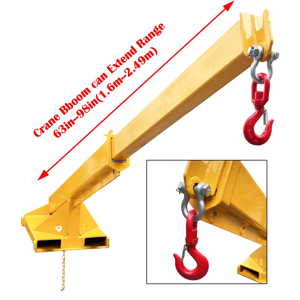 EQCOTWEA 3T/6600LB Adjustable Forklift Jib Boom Crane Attachment, 63-98in Forklift Telescopic Lifting Arm, Mobile Crane with One Hook for Forklifts, Heavy-Duty Towing & Handling Equipment