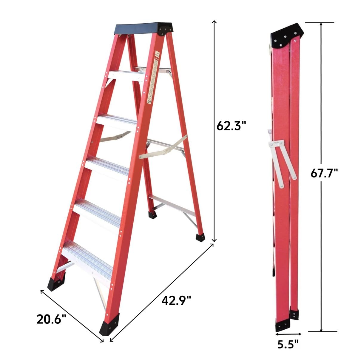 KEIKI 5 Step Fiberglass Ladder, 5FT Tall Step Ladders Folding with Tool Tray, Foldable Pool Frame Stepladder for Home Attic Stairs, Outdoor Sturdy Non-Slip Wide Pedals Load-Bearing 330 lbs, Red