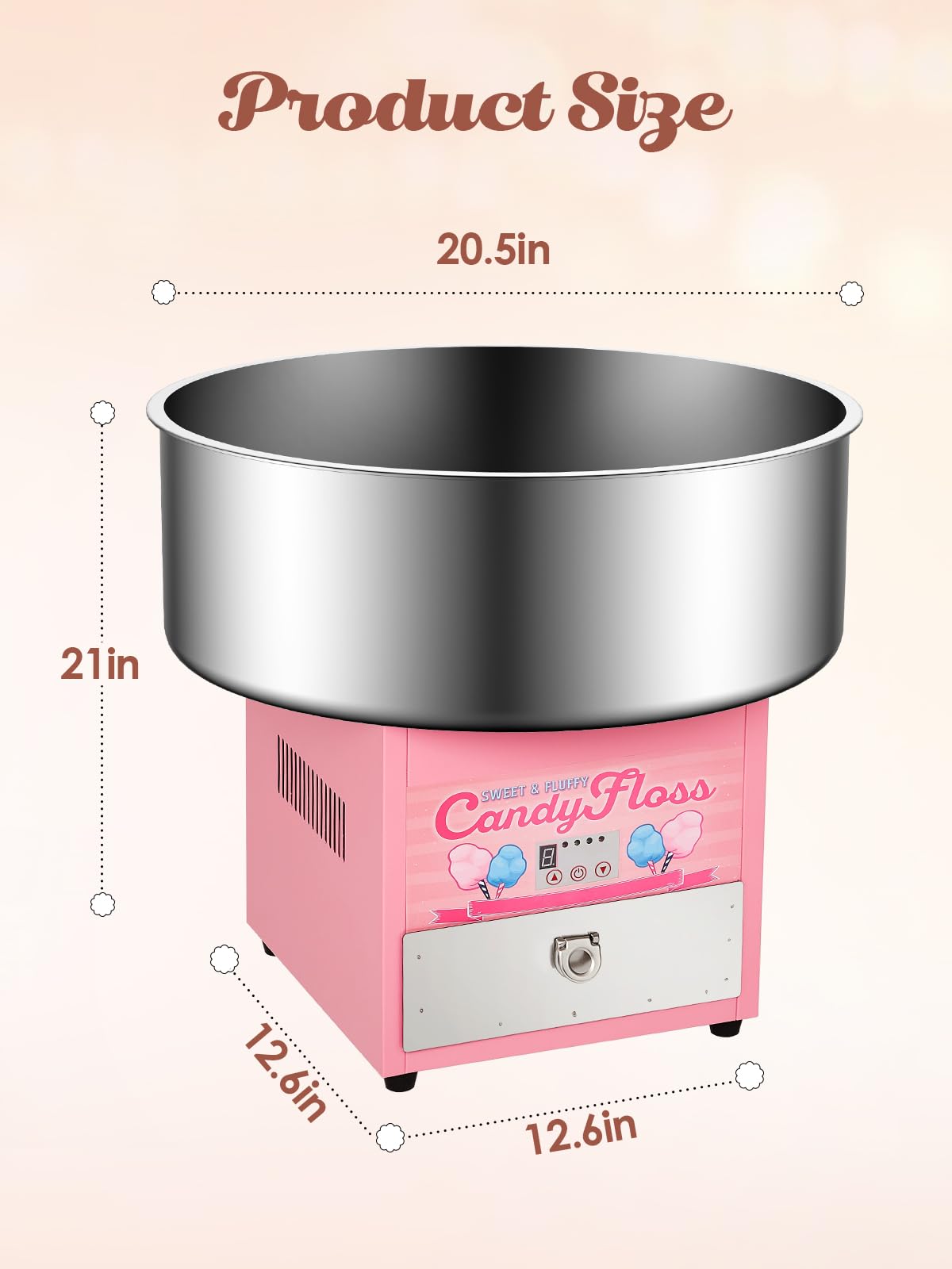RIEDHOFF Cotton Candy Machine Commercial, Electric Cotton Candy Maker with 20 inch Stainless Steel Bowl for Family, Party, Amusement Park, Carnival- Pink