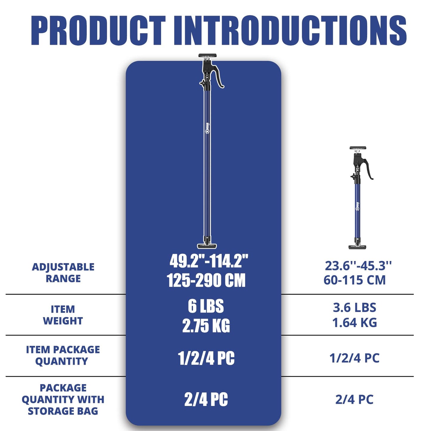 XINQIAO Cabinet Jacks for Installing Cabinets, Heavy Duty Third Hand Tools Adjustable Support Pole from 49.2 in to 114.2 in, 4 PCS
