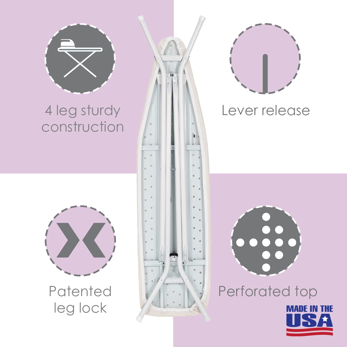 Full Size Ironing Board Made in USA – Beige by Seymour Home Products 4 Heavy-Duty Steel Legs Perforated Top for Steam Includes Cover & Pad Sturdy, Foldable Iron Board for Home & Laundry