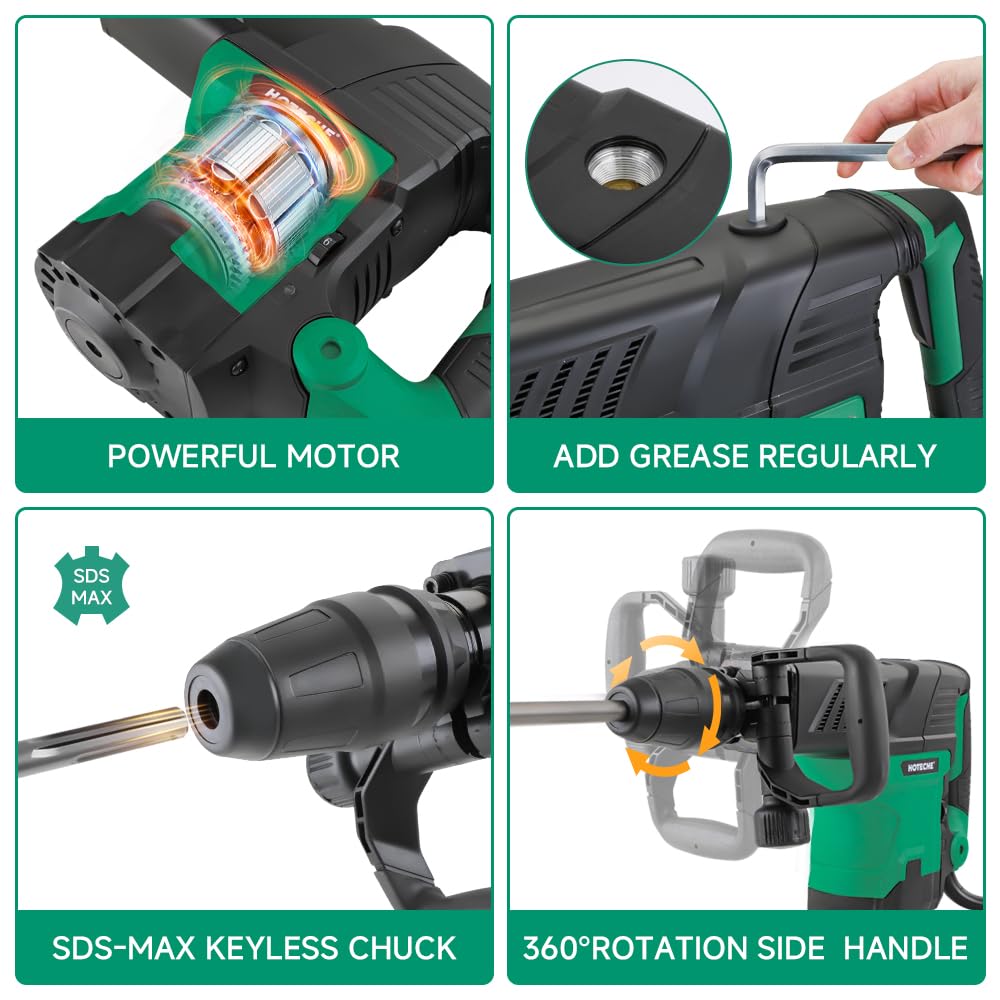 Hoteche Electric Demolition Jack Hammer 1500W Heavy-Duty SDS-MAX Concrete Breaker with Flat & Point Chisel