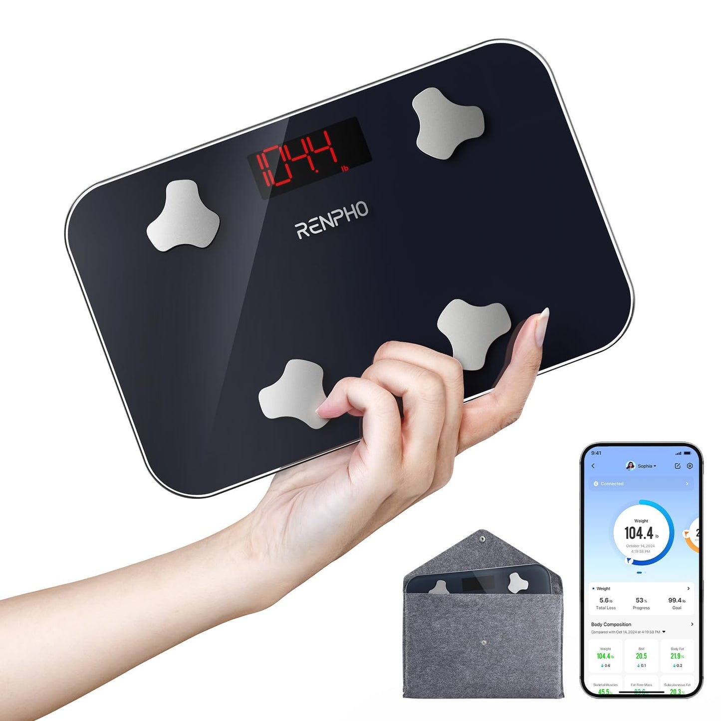 RENPHO Elis Go Travel Smart Scale with BMI, Body Fat, Muscle Mass | 13 Body Metrics via Bluetooth for Health Tracking, with Batteries Included and Protective Case for Hotel, Camping, and Travelers