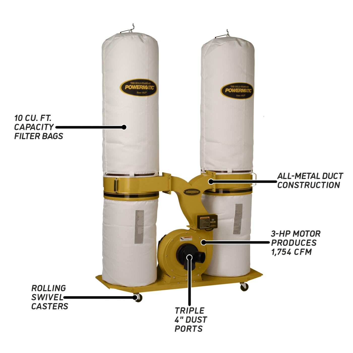 Powermatic TurboCone Dust Collector, 30-Micron Bags, 3 HP, 230/460V 3Ph (PM1900TX-BK3)