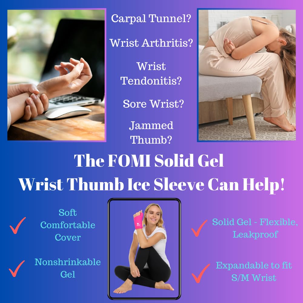 FOMI Wrist Solid Gel Ice Pack | Hot Cold Hand and Thumb Compression Sleeve Wrap for Carpel Tunnel, Arthritis, Tendonitis, Bruises, Swelling, Sports Injuries Pain Relief (Pink - Small/Medium)