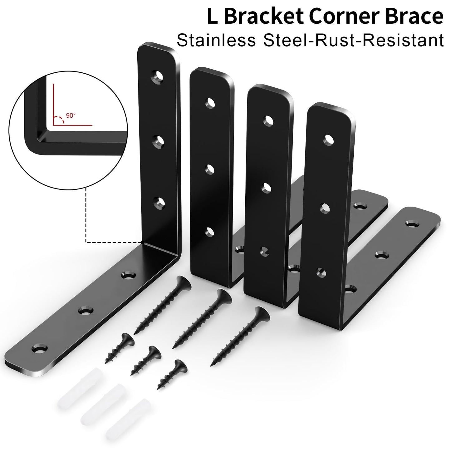 YUMORE L Bracket, 4x4 Inch Max Load: 25lb/12kg Heavy Duty Stainless Steel Solid Shelf Support Corner Brace Joint Right Angle Bracket, Pack of 4, Black