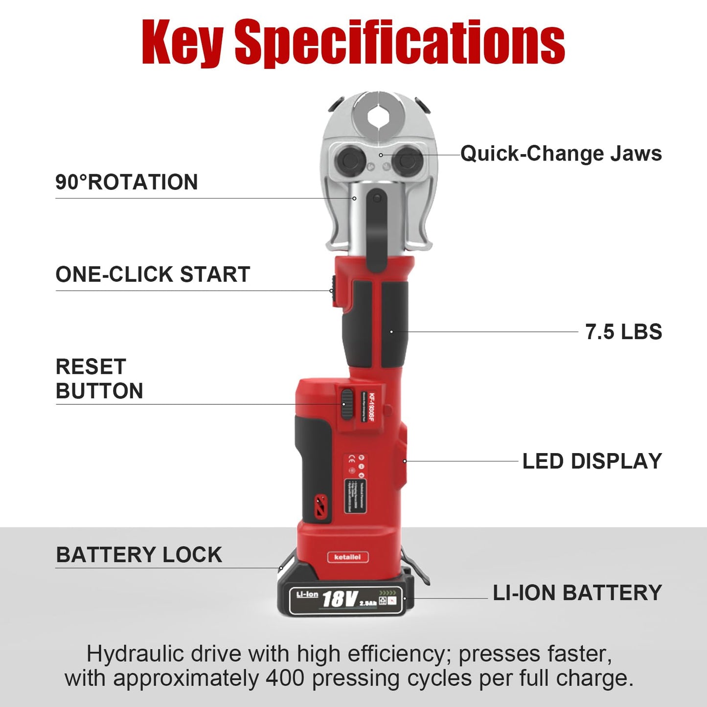 ketailei 18V MAX 22KN Pro Press Tool, Cordless Plumbing Kit for Copper & PEX Pipes, 3-Second Fast Cycle, 1/2" 3/4" 1" Copper Dies, 3/8"–1" ASTM F1807 PEX Dies, F877 Stainless Sleeves (KF-1930SF)