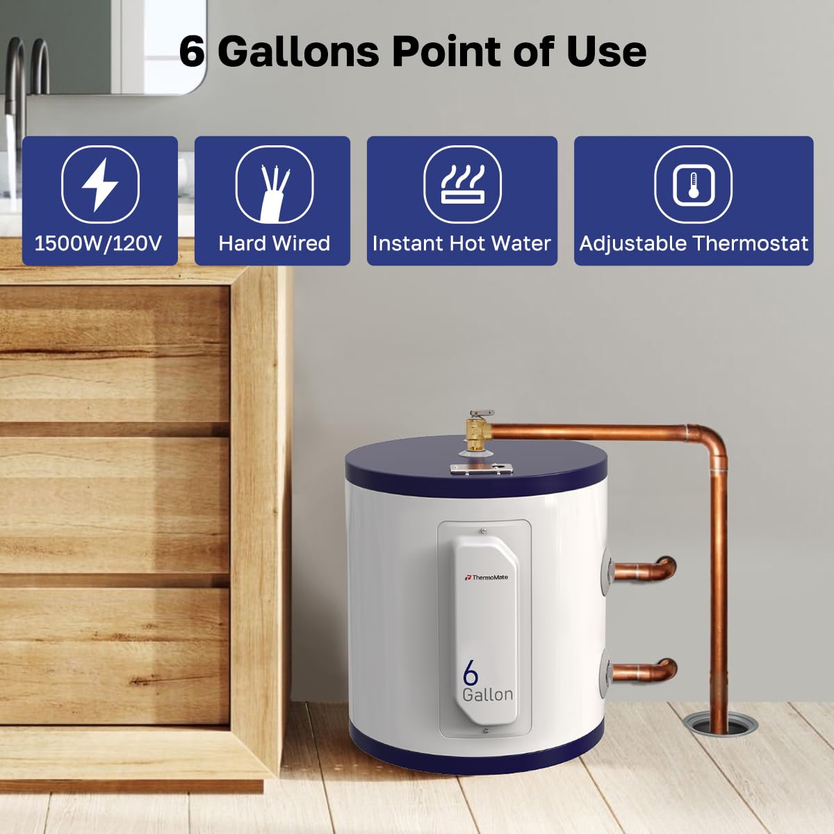 ThermoMate Tank Water Heater Electric, 6 Gallon Small Point of Use Residential Hot Water Heater, 1500W 120Volt Compact, Adjustable Thermostat, UL Listed (ES600)