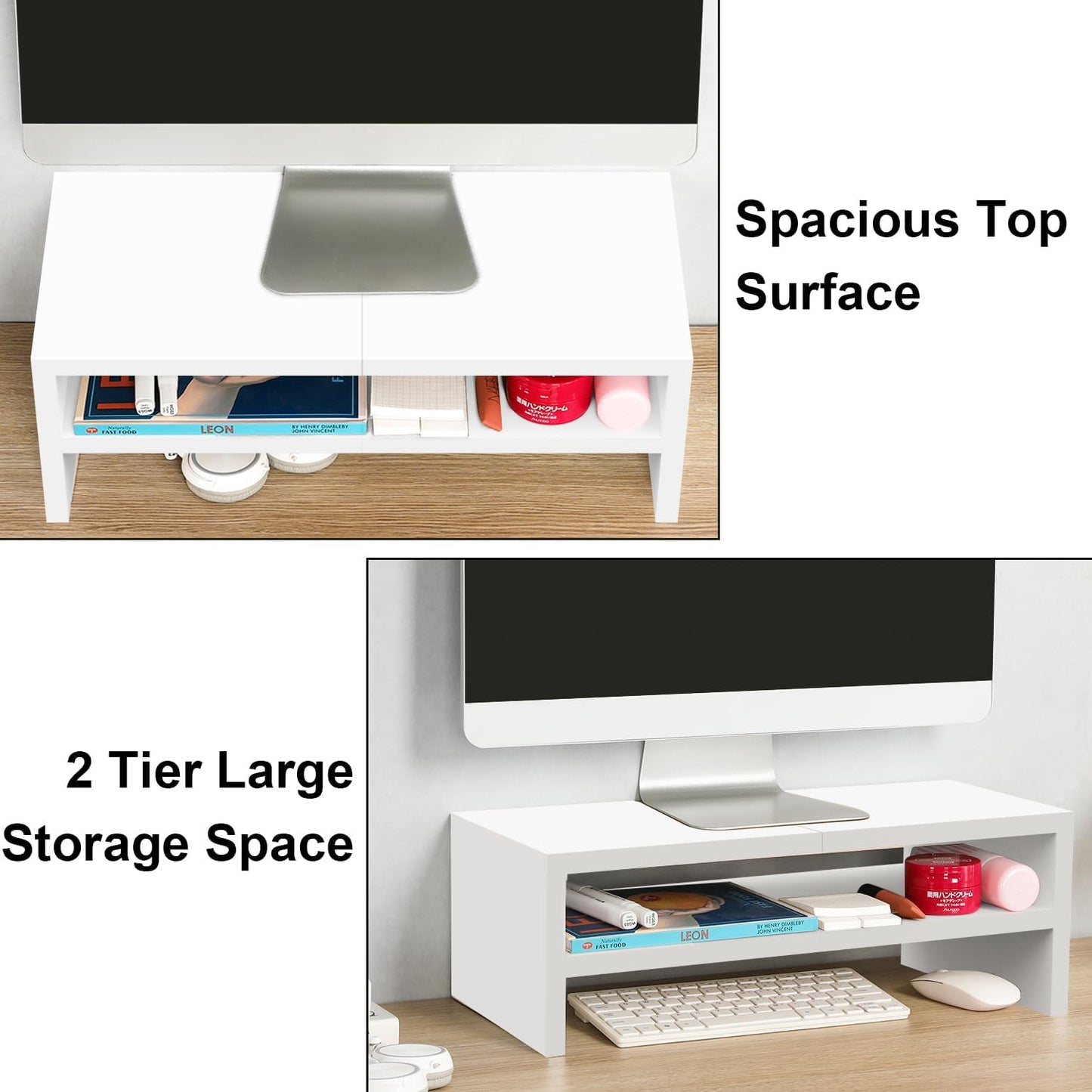 2 TEAMIX Tier White Monitor Riser Stand, Wood Desktop Stand with storage for Laptop/PC/Printer/Keyboard, TV Stand Shelf