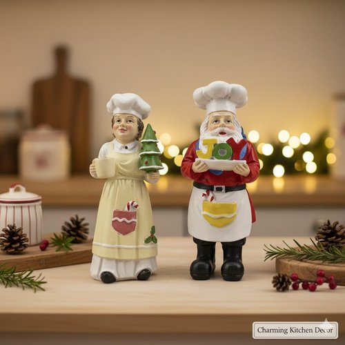 iStatue Chef Santa & Mrs. Claus Figurines Set - 5'' Hand-Painted Resin Holiday Decor for Kitchen & Gifting
