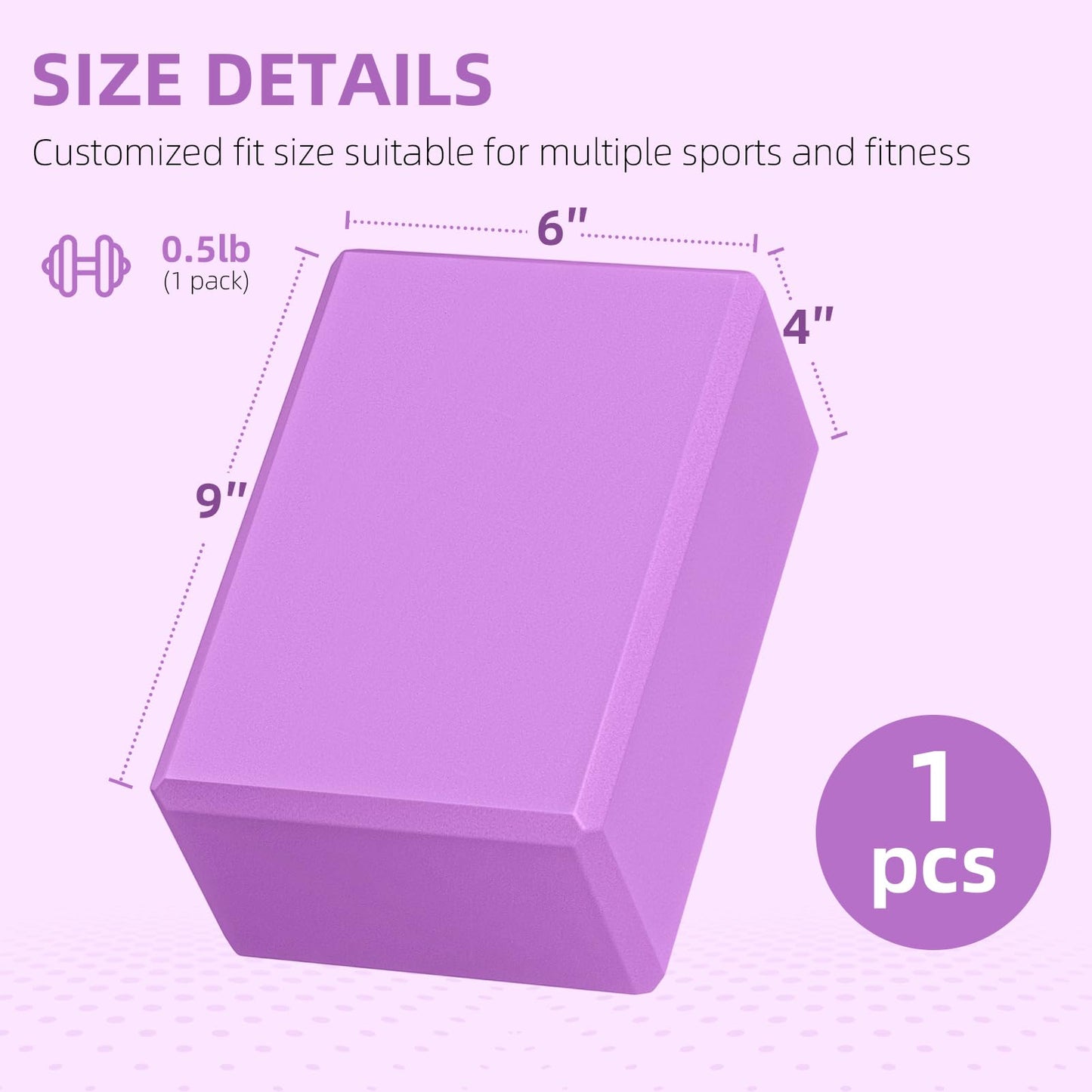 Large Foam Yoga Block 1 Pack, 9x6x4 Sturdy Pilates Block, Workout Block, Non Slip Surface Yoga Brick for Pilates Meditation, Stretching and Toning (Purple)