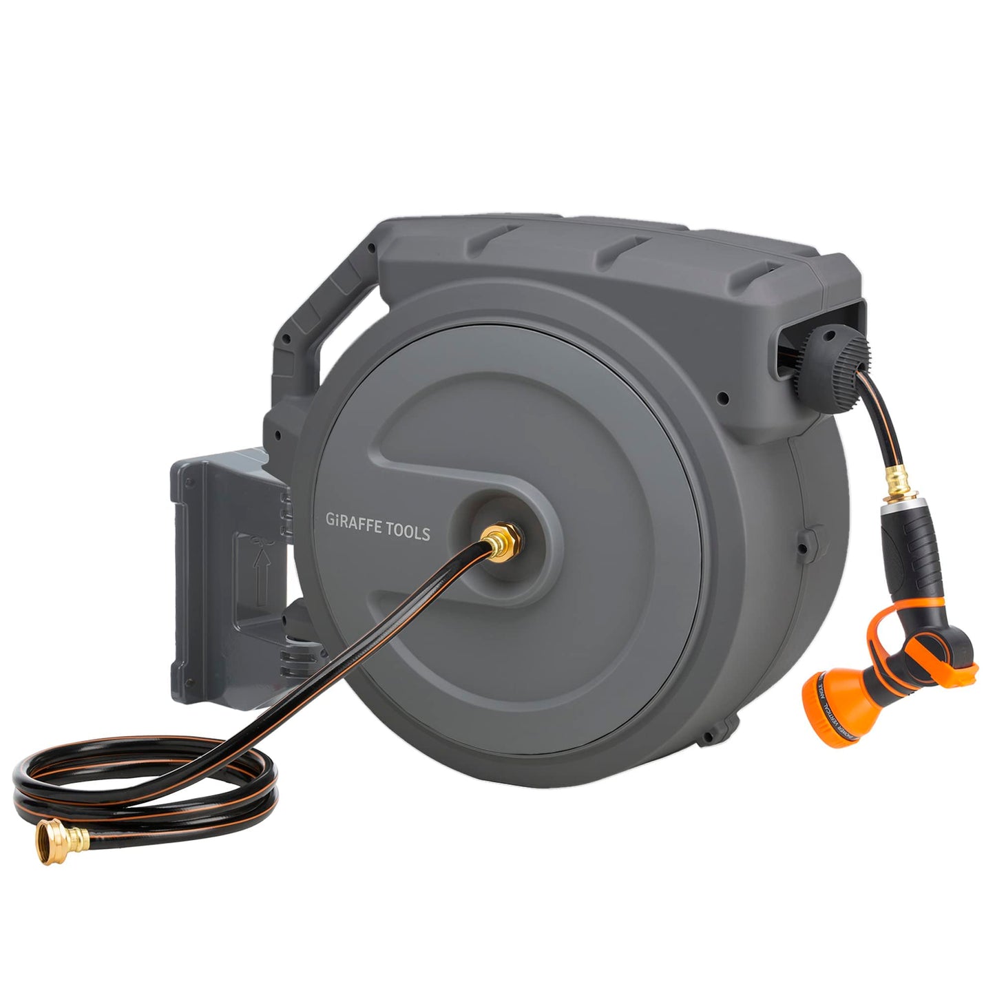 Giraffe Tools Retractable Hose Reel 1/2 in x130 FT PRO Metal Bracket Wall Mounted Heavy Duty Hose Reel with 9 Pattern Nozzle 180 Deg Swivel, Metal Bracket Any Length Lock (1/2 130FT PRO, Dark Grey)