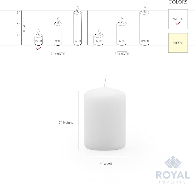 Royal Imports Pillar Candles White Unscented Premium Wax, 20 Hours Burning for Wedding, Spa, Party, Birthday, Holiday, Bath, Home Decor - 2"x3" Inch - Set of 12