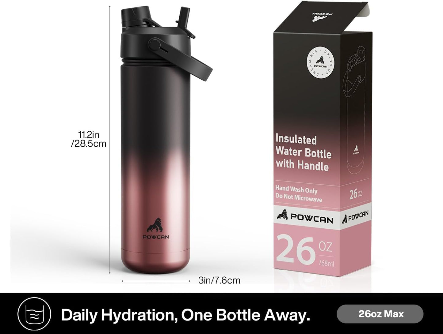 POWCAN Insulated Water Bottle - 26 oz Stainless Steel with 2-in-1 Straw & Spout Lid | Keeps Drinks Cold 24H