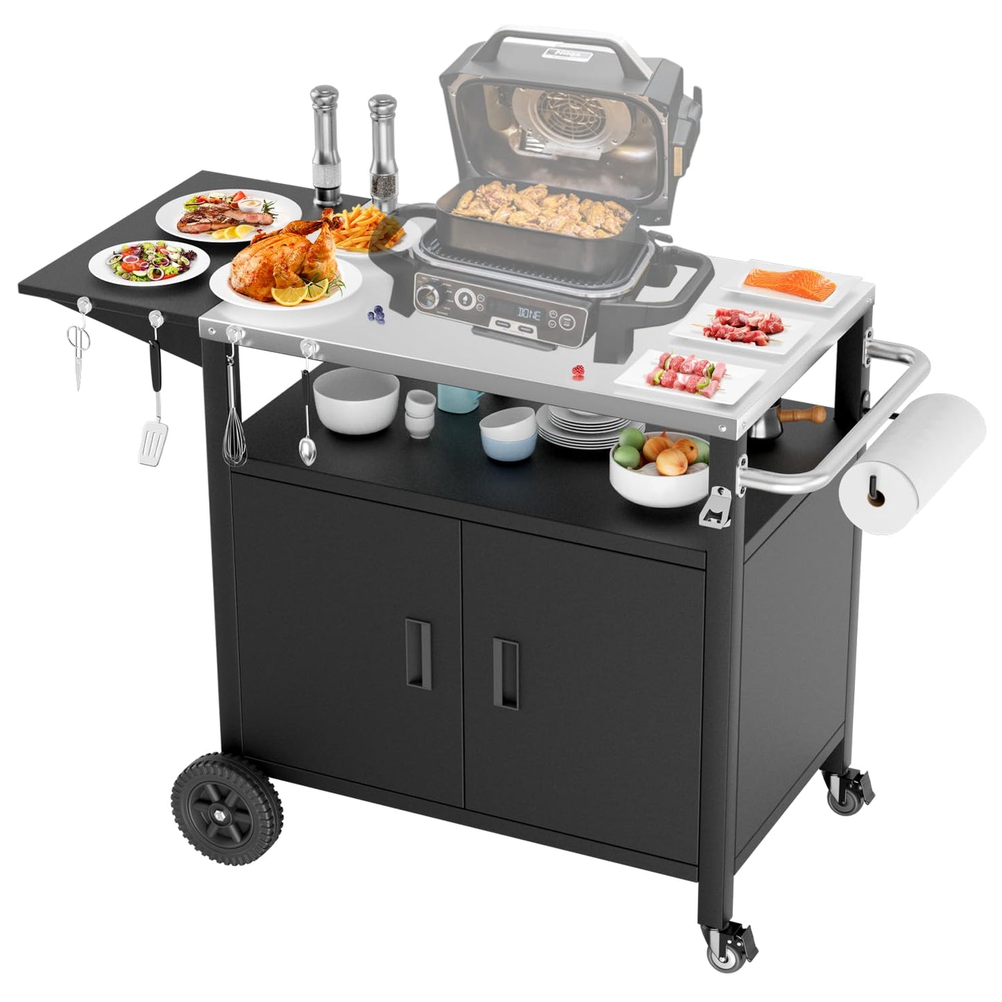 Verinox Outdoor Grill Cart with Cabinet, Large Storage & Lockable Wheels, Extra Foldable Table Top, Outdoor Kitchen Island Grill Table for Camping, Patio, Backyard & Tailgating