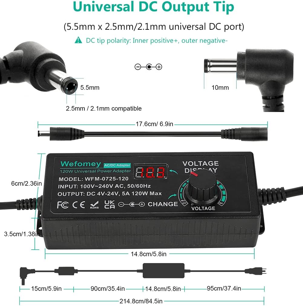 Wefomey 120W 3V 24V 100V-240V 24V 5A 14 5000mA Universal Power Supply Adjustable DC ~ Variable Switching AC/DC Adapter