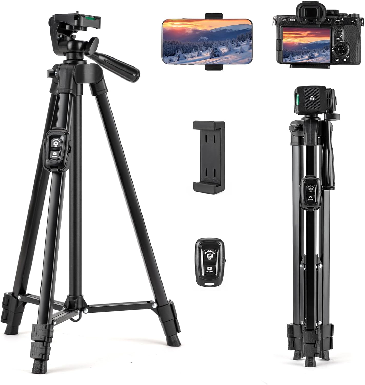 Fotopro 51'' 3-Way Camera Tripod, Lightweight Portable Travel Tripods for Camera and Phone with Head Remote Control