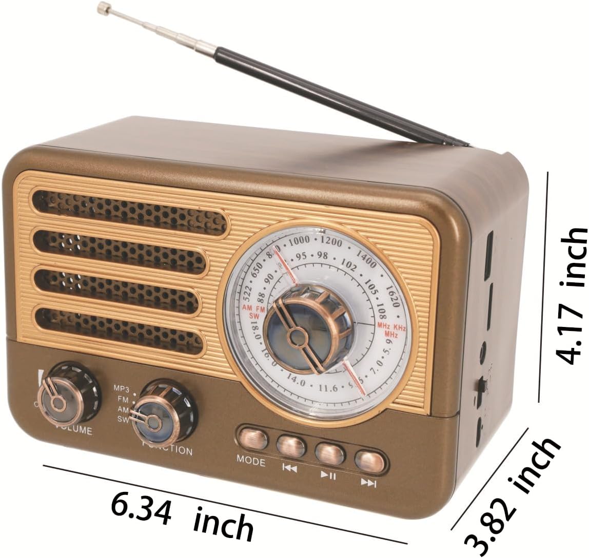YIONGTAF MP3 Retro AM/FM Portable Radio with Player, Rechargeable Battery, LED Light, Wood Grain Design