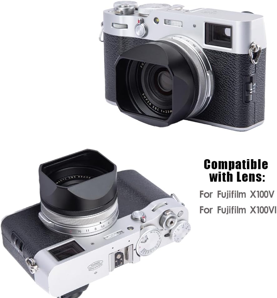 49mm X100V/X100VI (X100VI-Lens Metal Square Lens Hood (with Cap) with Adapter Ring for Fujifilm Camera Accessories