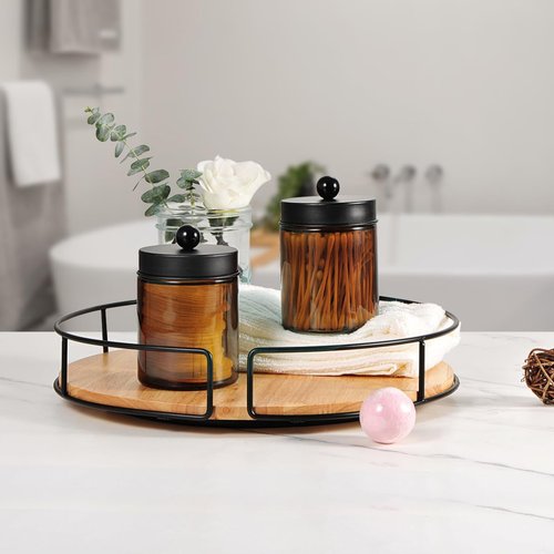Amolliar Amber Glass Qtip Holder - Stylish Apothecary Jar with Matte Black Lid | 4-Pack Bathroom Organizer for Cotton Swabs & Floss