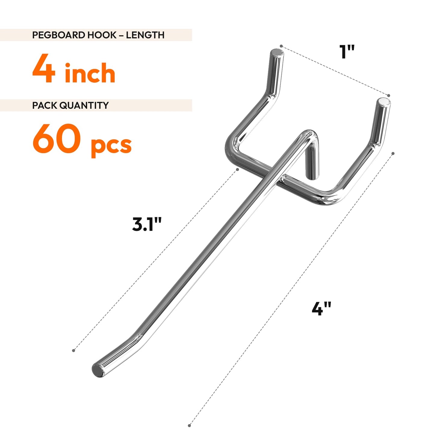 JEAWIWI 60 Pack 4 Inch Metal Pegboard Hooks, Fit 1/4 in and 1/8 in Peg Board Organizer Accessories, for Hanging Storage, Garages, Tool Sheds, Basements