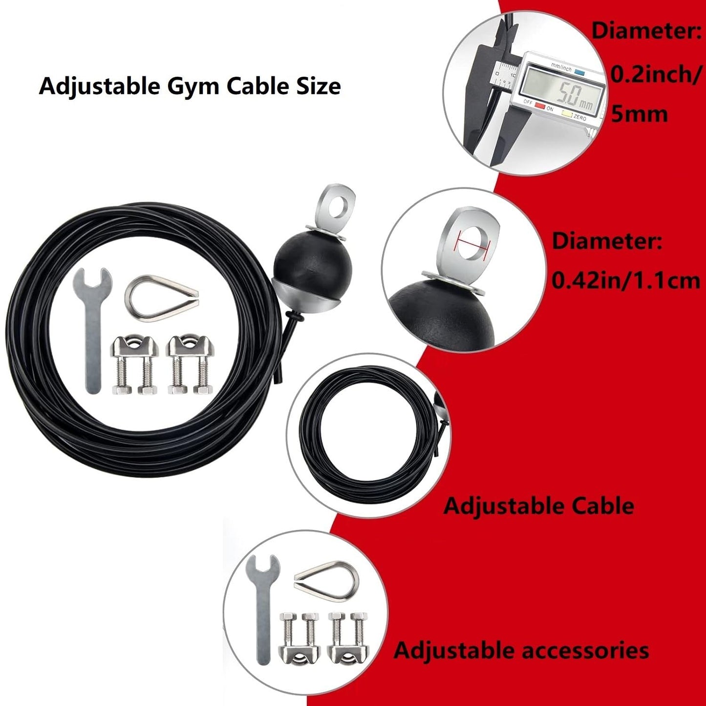 AIKESIWAY Adjustable Fitness Pulley Cable,Replacement Cable Machine Accessories,Cable Pulley Attachments for Gym -Thick 5mm(0.2inch) Heavy Duty Steel Wire Rope for Home Gym Cable (79 inches)